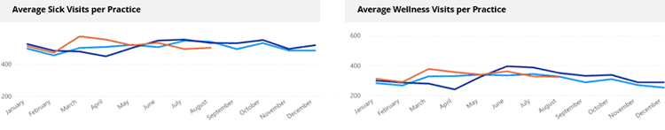 Line graphs showing "Average Sick Visits per Practice" and "Average Wellness Visits per Practice" from 2019-2021