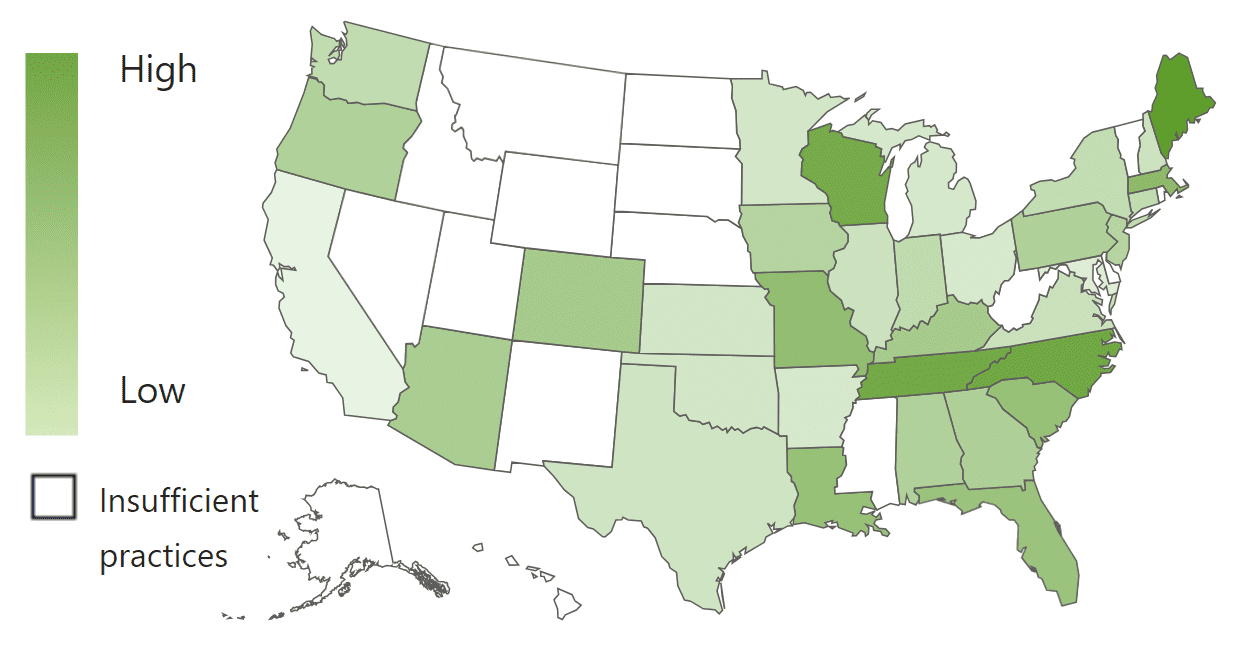 A U.S. map, using color shades to show revenue growth by state.
