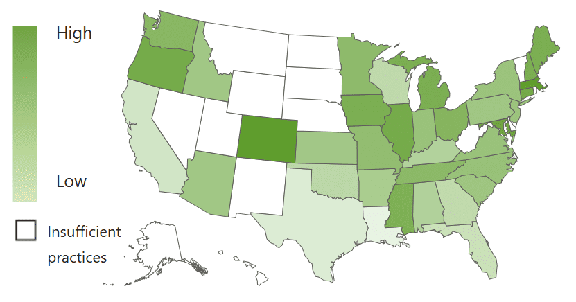 A U.S. map, using color shades to show revenue growth by state.