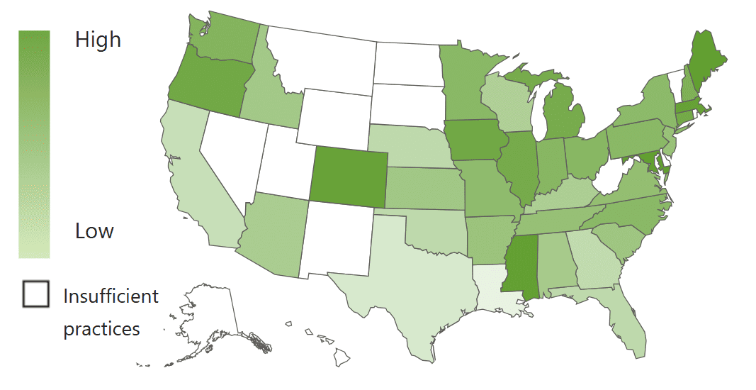 A U.S. map, using color shades to show revenue growth by state.