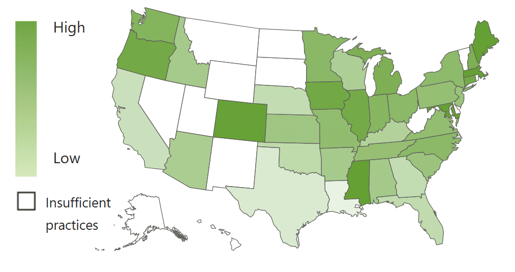 A U.S. map, using color shades to show revenue growth by state.
