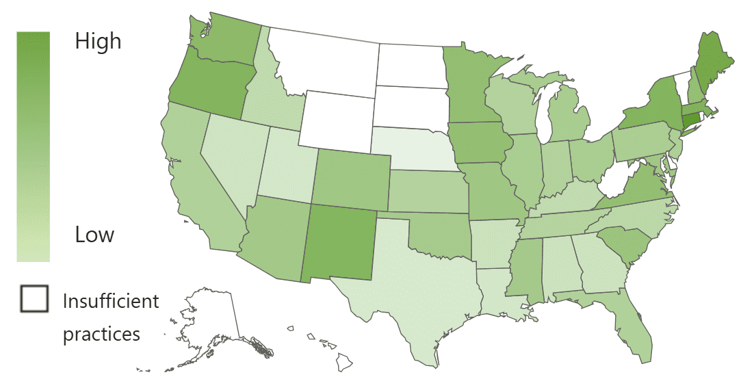 A U.S. map, using color shades to show revenue growth by state.