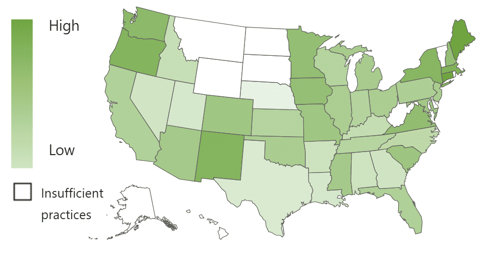 A U.S. map, using color shades to show revenue growth by state.