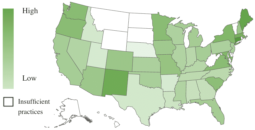 A U.S. map, using color shades to show revenue growth by state.