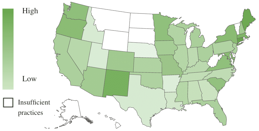 A U.S. map, using color shades to show revenue growth by state.