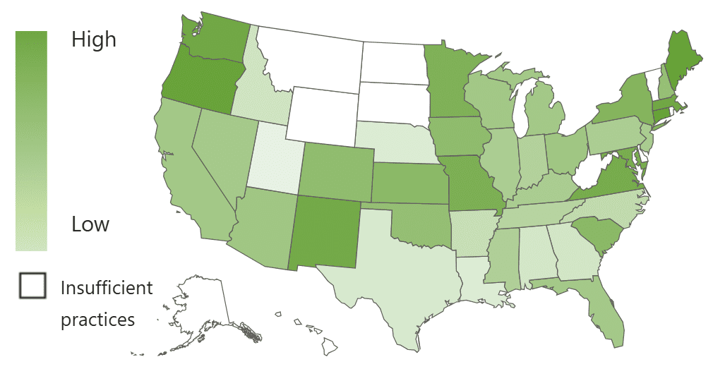 A U.S. map, using color shades to show revenue growth by state.