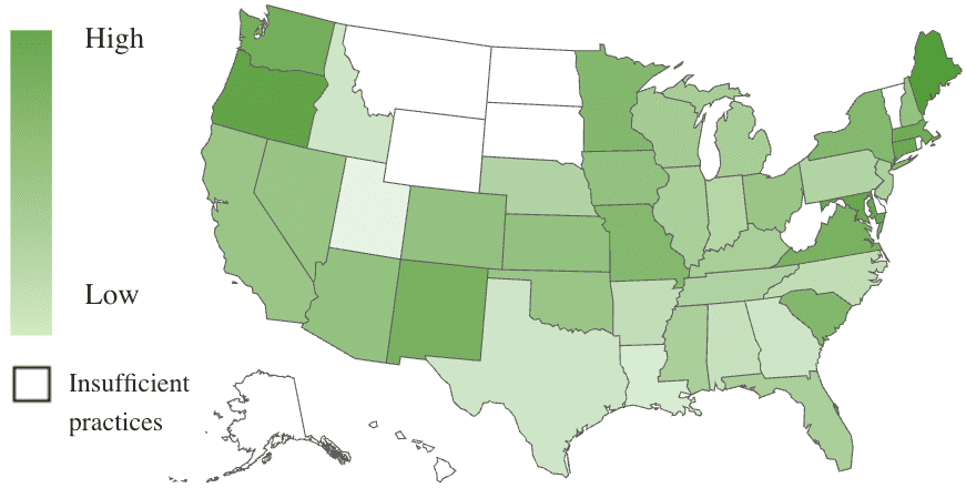 A U.S. map, using color shades to show revenue growth by state.