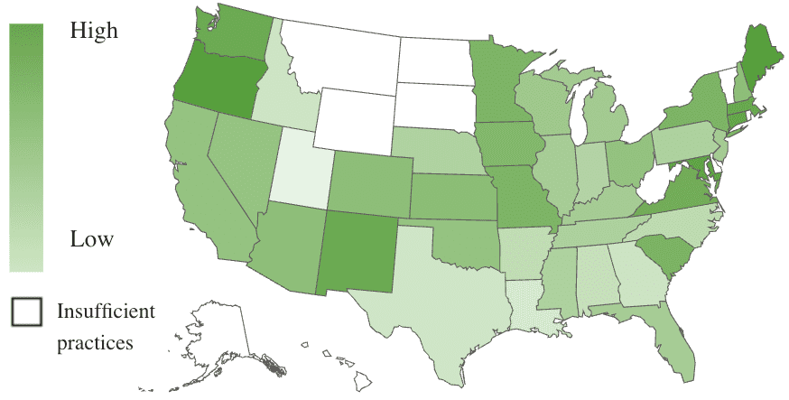 A U.S. map, using color shades to show revenue growth by state.