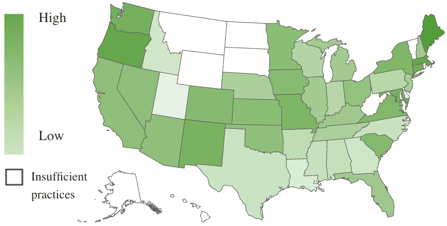 A U.S. map, using color shades to show revenue growth by state.