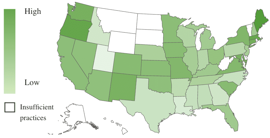 A U.S. map, using color shades to show revenue growth by state.
