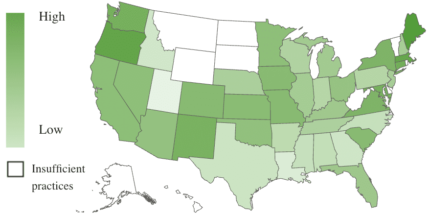 A U.S. map, using color shades to show revenue growth by state.