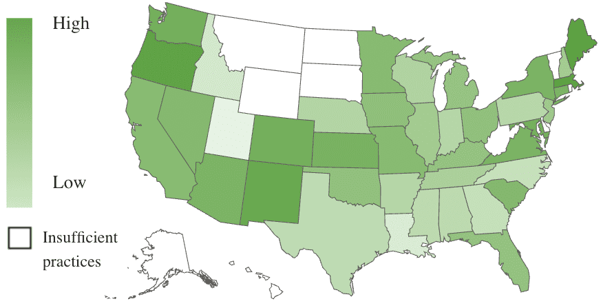 A U.S. map, using color shades to show revenue growth by state.