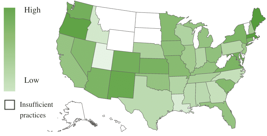 A U.S. map, using color shades to show revenue growth by state.