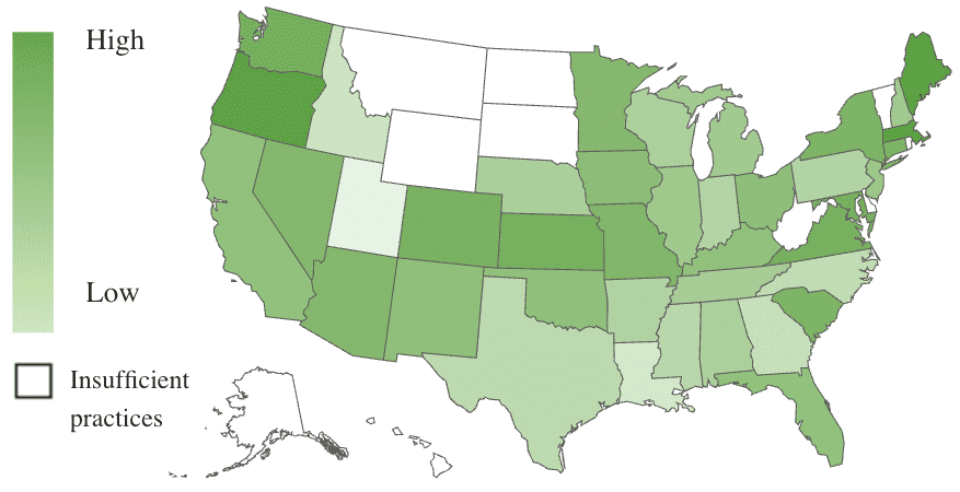 A U.S. map, using color shades to show revenue growth by state.