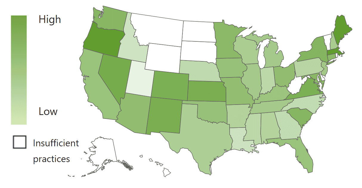 A U.S. map, using color shades to show revenue growth by state.