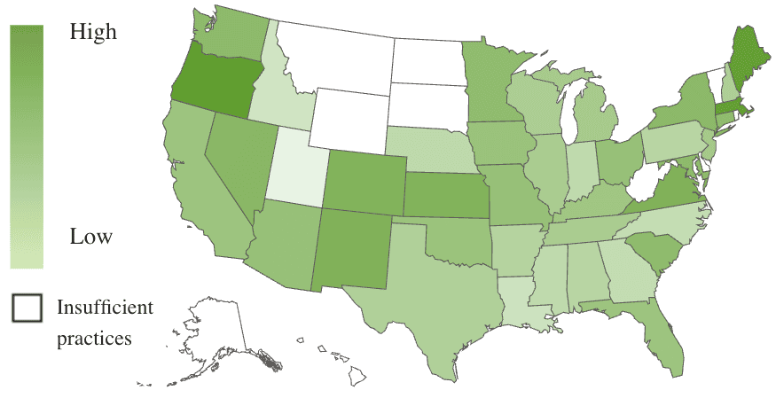A U.S. map, using color shades to show revenue growth by state.