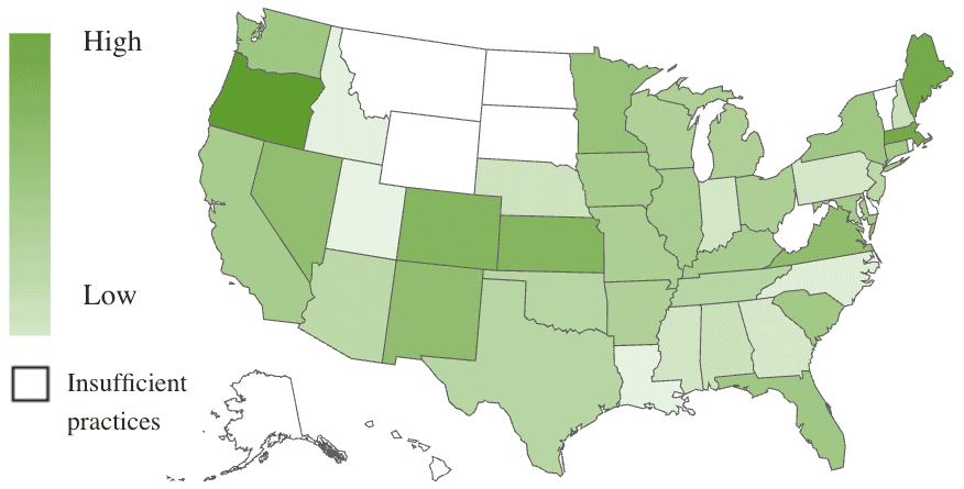 A U.S. map, using color shades to show revenue growth by state.