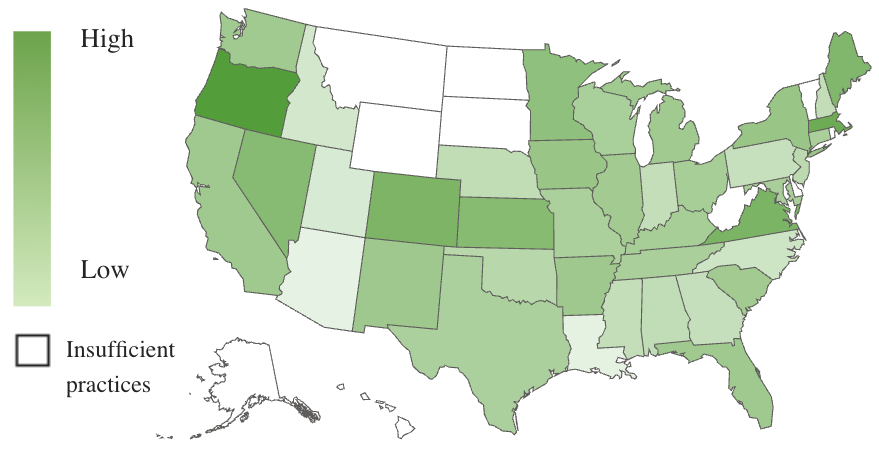 A U.S. map, using color shades to show revenue growth by state.