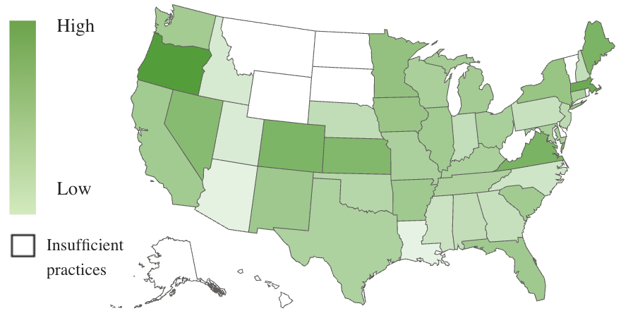A U.S. map, using color shades to show revenue growth by state.