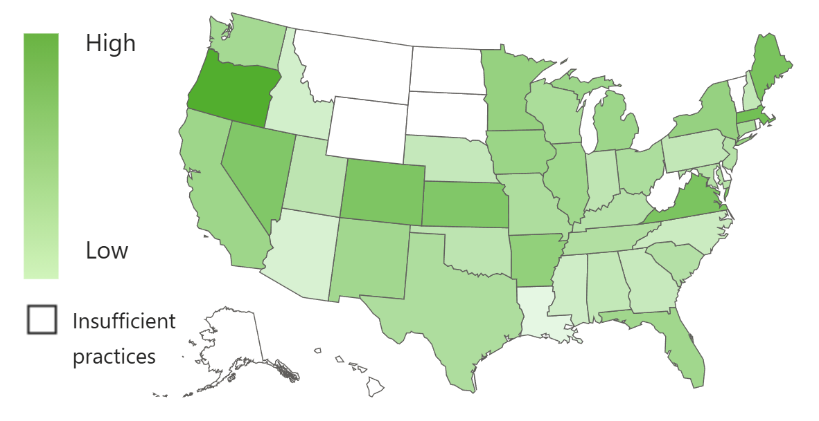 A U.S. map, using color shades to show revenue growth by state.