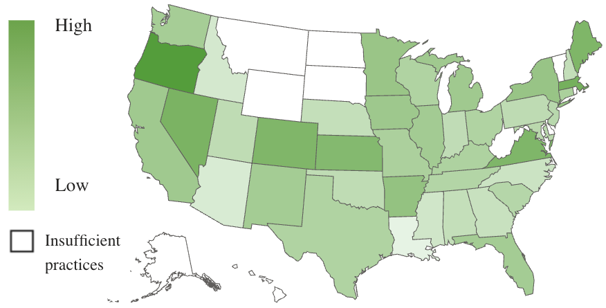 A U.S. map, using color shades to show revenue growth by state.