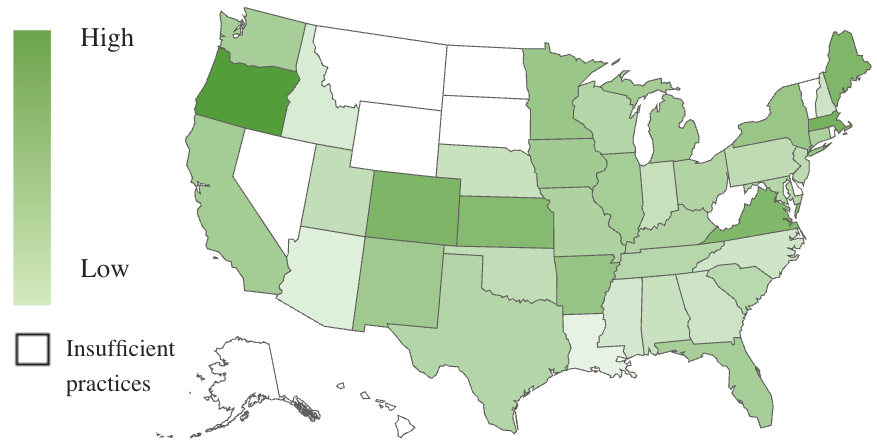 A U.S. map, using color shades to show revenue growth by state.