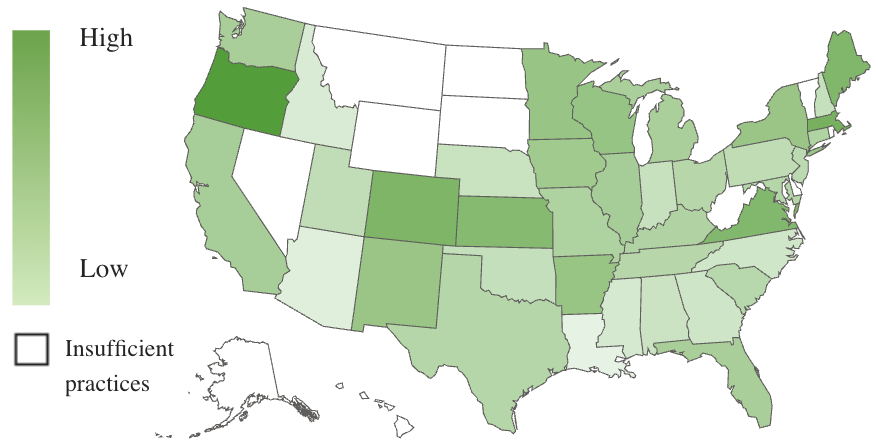 A U.S. map, using color shades to show revenue growth by state.